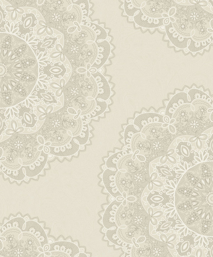 Lace Medallion Cream, Silver, and White by Seabrook Wallpaper Aura Netherlands 56.05 25.2" 20.5" - Fabric Carolina -