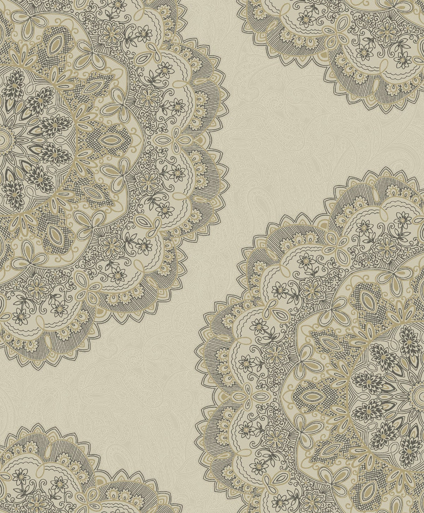 Lace Medallion Gold and Charcoal by Seabrook Wallpaper Aura Netherlands 56.05 25.2" 20.5" - Fabric Carolina -