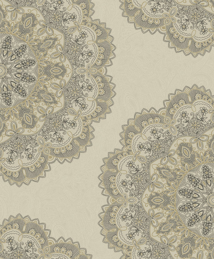 Lace Medallion Gold and Charcoal by Seabrook Wallpaper Aura Netherlands 56.05 25.2" 20.5" - Fabric Carolina -