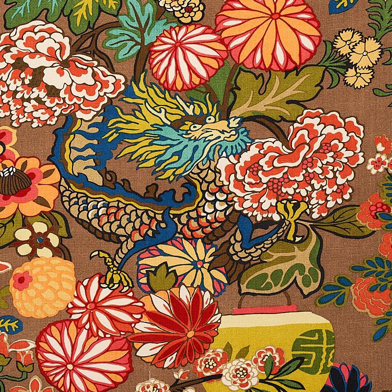 Chiang Mai Dragon Mocha 173274 by Schumacher Fabric Exuberant Prints 27.0" - Fabric Carolina -