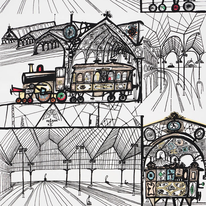 Trains Multi On White 2703940 by Schumacher Designer Wallpaper Exuberant Prints - Swanky Fabrics -