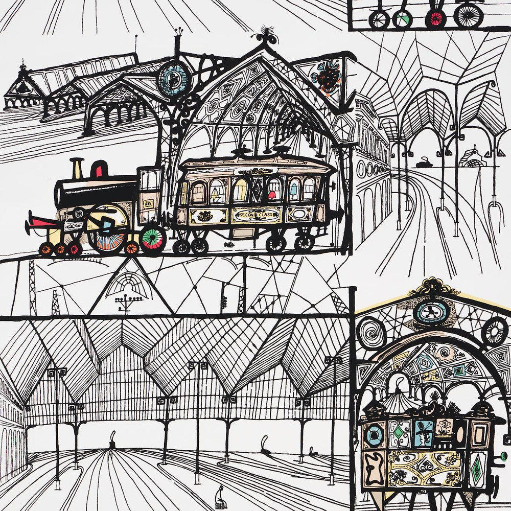Trains Multi On White 2703940 by Schumacher Wallpaper Exuberant Prints - Fabric Carolina -