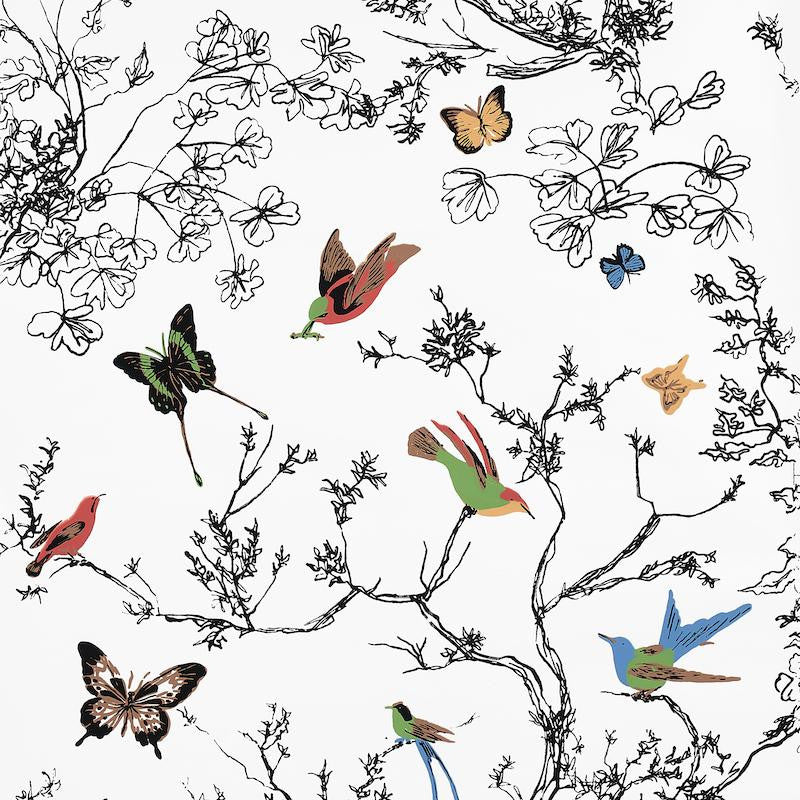Birds & Butterflies Multi On White 2704420 by Schumacher Wallpaper Exuberant Prints 27.0" - Fabric Carolina -