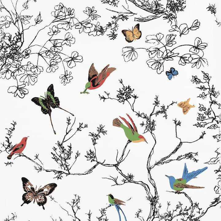 Birds & Butterflies Multi On White 2704420 by Schumacher Wallpaper Exuberant Prints 27.0" - Fabric Carolina -