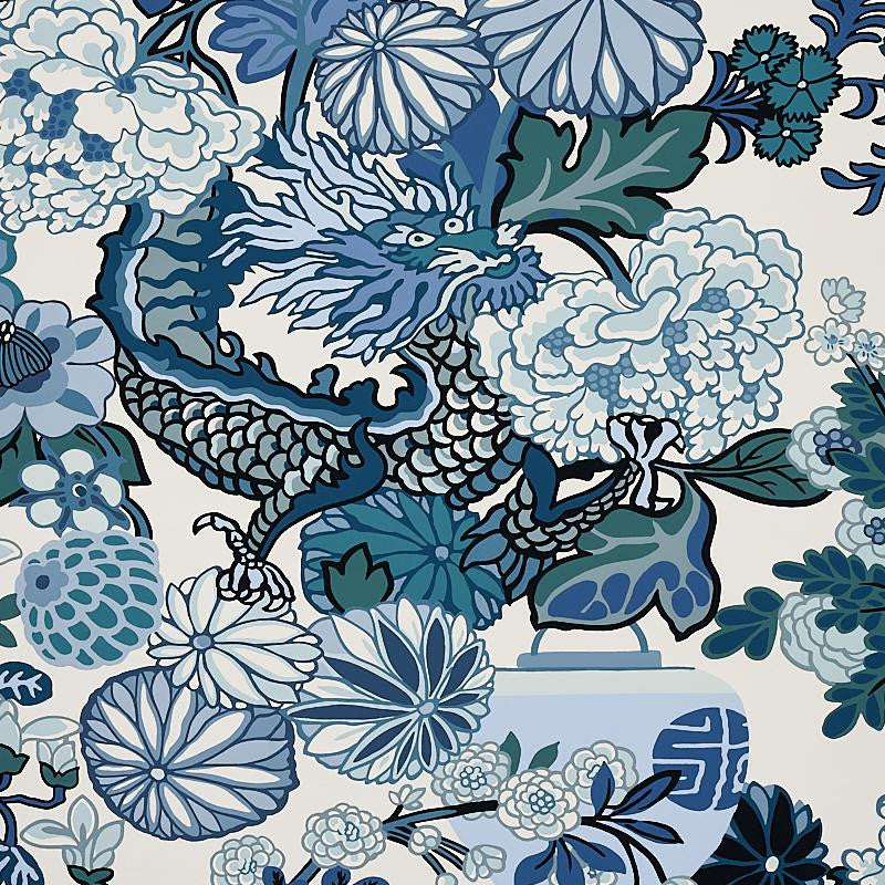 Chiang Mai Dragon China Blue 5001062 by Schumacher Wallpaper Exuberant Prints 27.0" - Fabric Carolina -