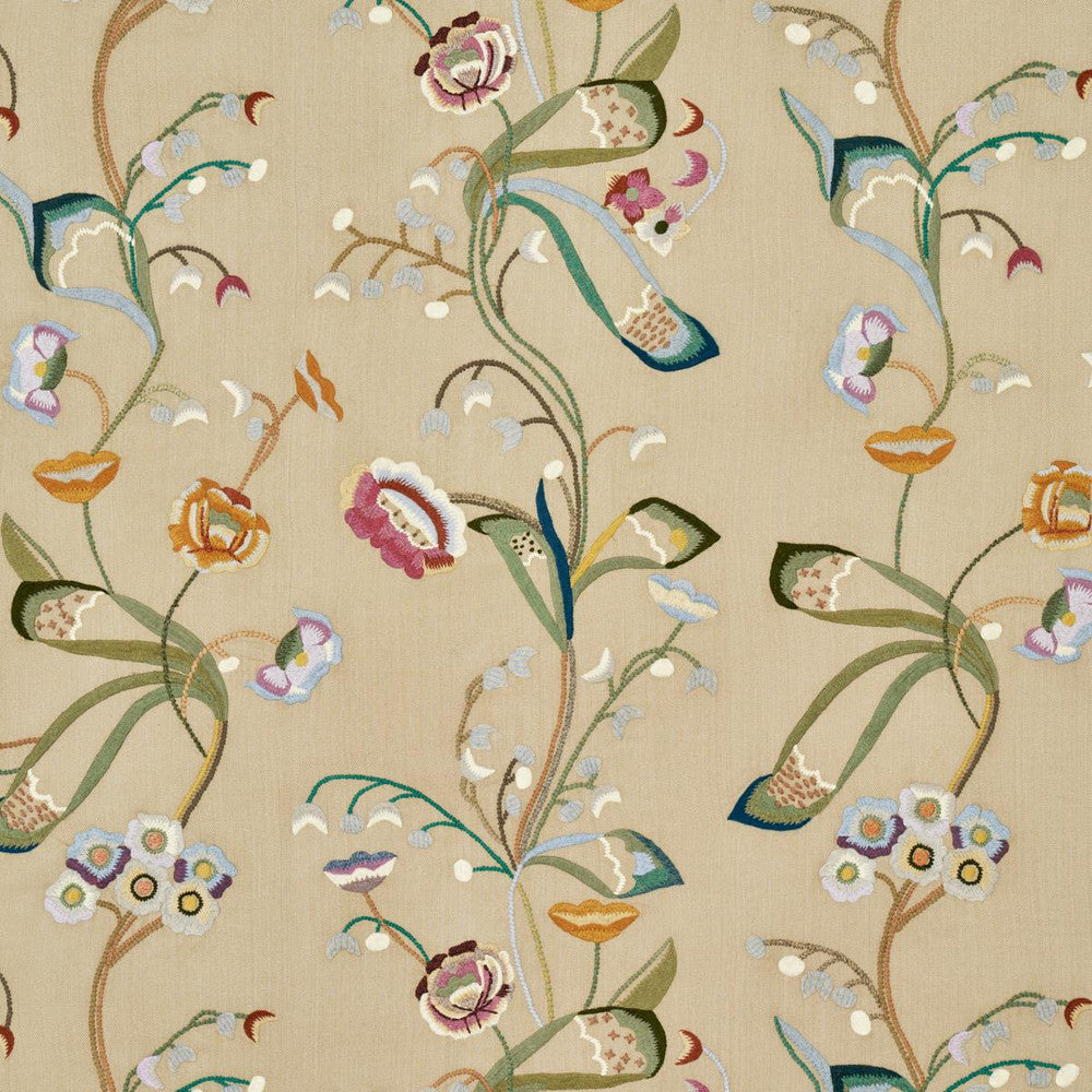 Vanessa Embroidery Chamois/Multi 52090 by Schumacher Designer Fabric Perennial Favorites 51.0" - Swanky Fabrics -