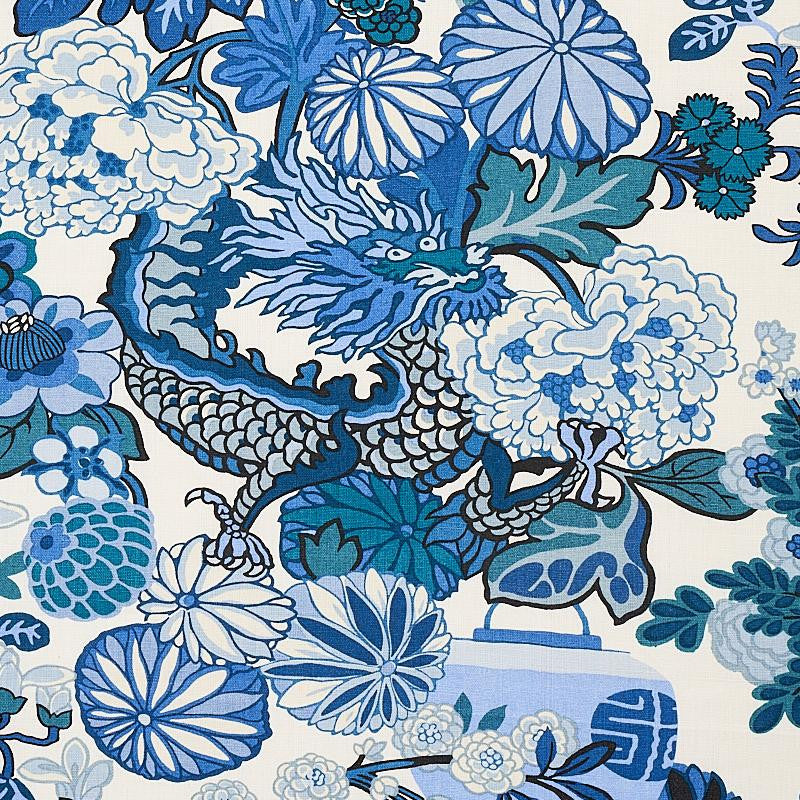 Chiang Mai Dragon China Blue 173272 by Schumacher Designer Fabric Exuberant Prints 27.0" - Swanky Fabrics -