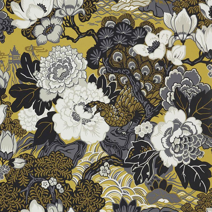 Shanghai Peacock Brass 5006991 by Schumacher Designer Wallpaper Exuberant Prints 27.0" - Swanky Fabrics -