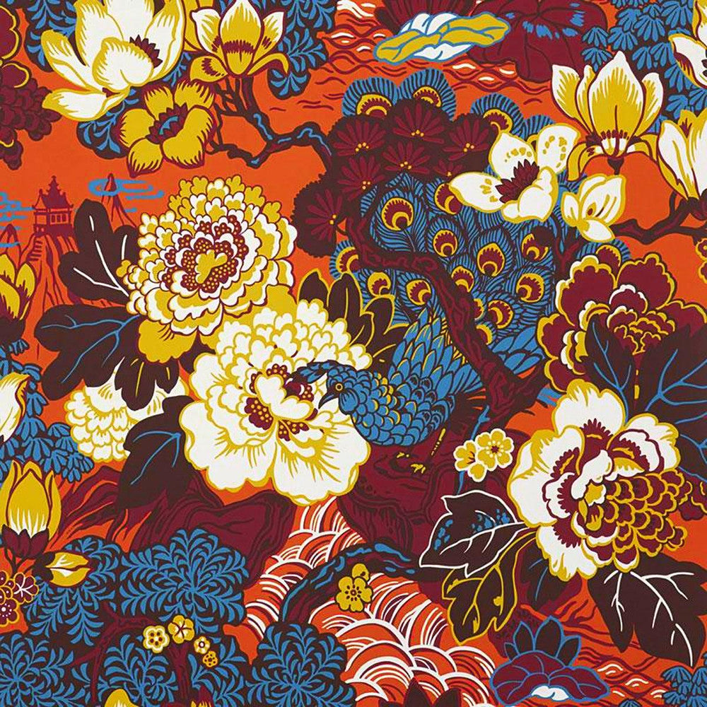 Shanghai Peacock Cinnabar 5006992 by Schumacher Wallpaper Exuberant Prints 27.0" - Fabric Carolina -