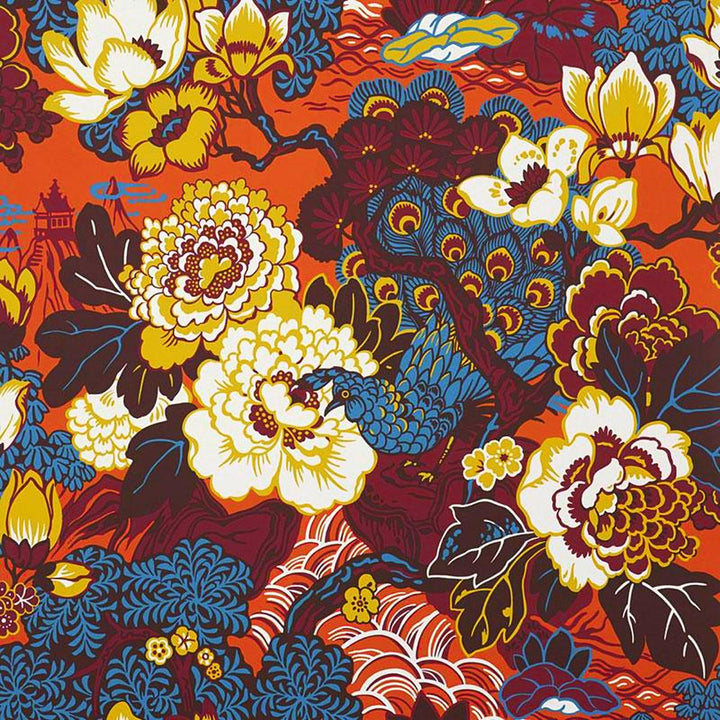 Shanghai Peacock Cinnabar 5006992 by Schumacher Wallpaper Exuberant Prints 27.0" - Fabric Carolina -