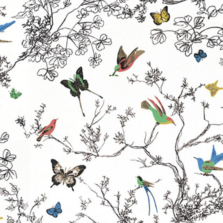 Birds & Butterflies Multi On White 174760 by Schumacher Fabric Exuberant Prints 27.0" - Fabric Carolina -