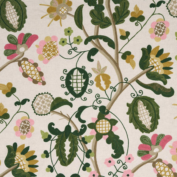 Mandevilla Embroidery Pink & Green 81511 by Schumacher Designer Fabric Uncommon Threads 25.5" - Swanky Fabrics -