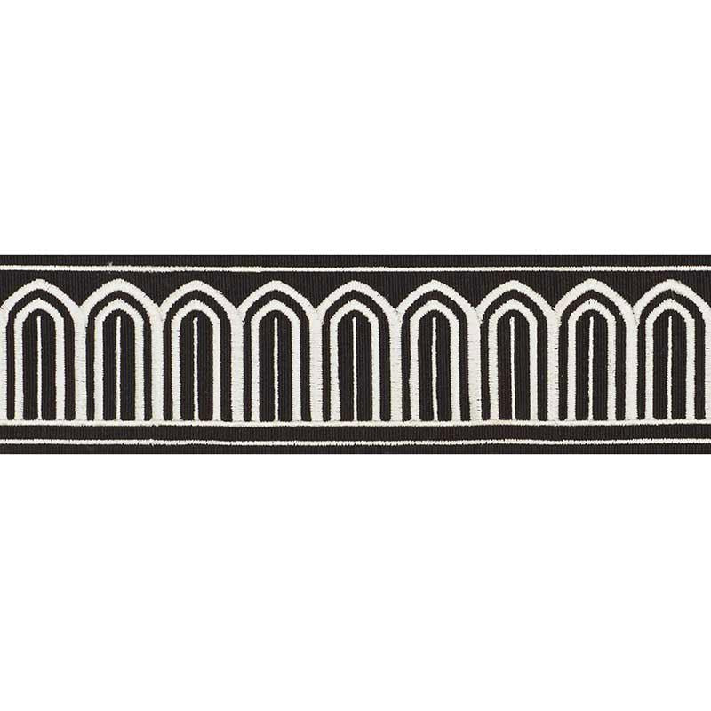 Arches Embroidered Tape Medium White On Black 70766 by Schumacher Designer Trim Miles Redd 1.8" - Swanky Fabrics -