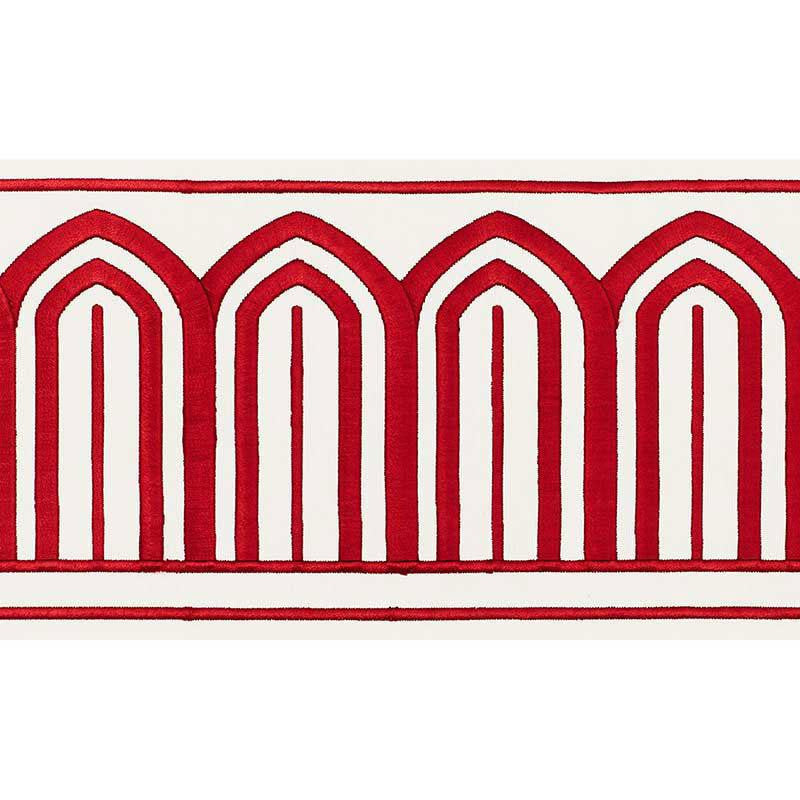 Arches Embroidered Tape Wide Red 70771 by Schumacher Designer Trim Miles Redd 5.3" - Swanky Fabrics -