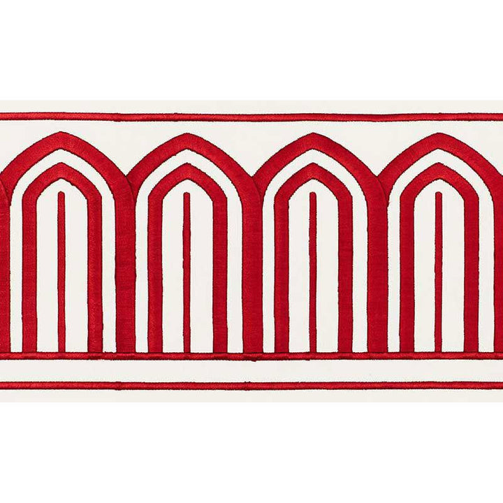 Arches Embroidered Tape Wide Red 70771 by Schumacher Designer Trim Miles Redd 5.3" - Swanky Fabrics -