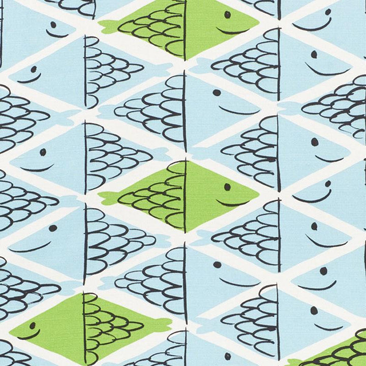 Fish School Aqua & Leaf 178211 by Schumacher Fabric Vera Neumann 54.5" - Fabric Carolina -