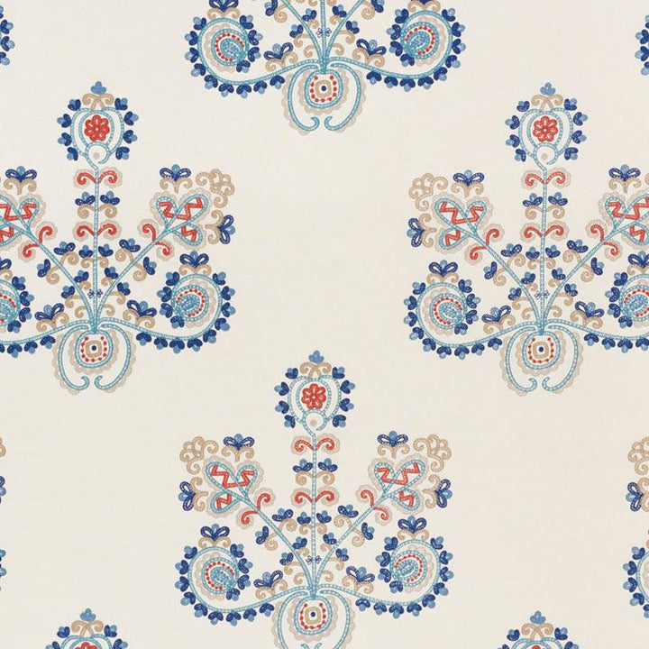 Estrella Embroidery Indigo Spice 74450 by Schumacher Designer Fabric Primitive Beauty 26.0" - Swanky Fabrics -