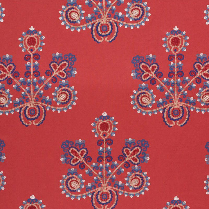 Estrella Embroidery Vermilion 74451 by Schumacher Designer Fabric Primitive Beauty 26.0" - Swanky Fabrics -