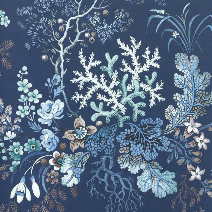 Kilburn'S Coral (Wp) # 03 Ocean Blue by 1838 Wallcoverings Designer Wallpaper V&A Decorative Papers HALF DROP PASTE THE WALL UNITED KINGDOM V-41.3" 20.5"X11YD - Swanky Fabrics -