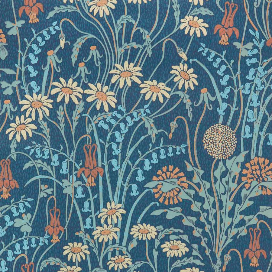 Flower Meadow (Wp) # 01 Prussian Blue by 1838 Wallcoverings Wallpaper V&A Decorative Papers Ii HALF DROP PASTE THE WALL UNITED KINGDOM V-21" 20.5"X11YD - Fabric Carolina -