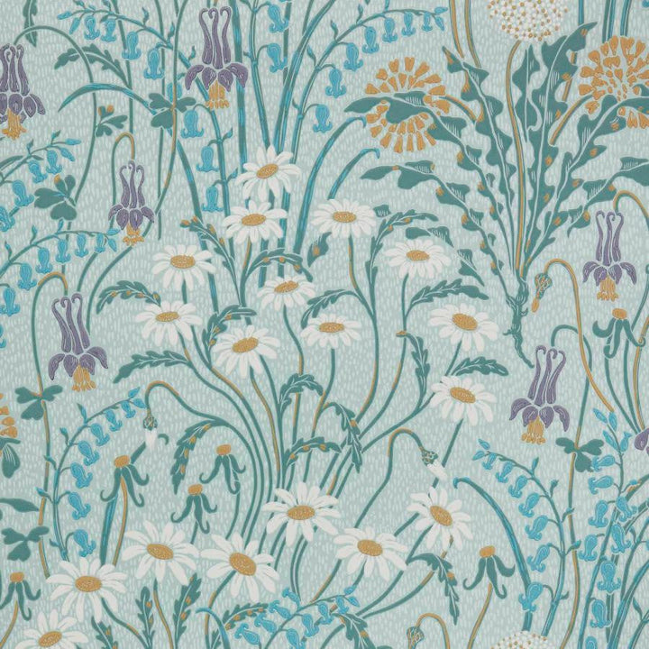 Flower Meadow (Wp) # 03 Celeste by 1838 Wallcoverings Designer Wallpaper V&A Decorative Papers Ii HALF DROP PASTE THE WALL UNITED KINGDOM V-21" 20.5"X11YD - Swanky Fabrics -