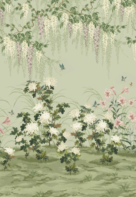 Wisteria Bloom (Wp) # 03 Pistachio by 1838 Wallcoverings Wallpaper V&A Decorative Papers Iii STRAIGHT PASTE THE WALL UNITED KINGDOM V-118" H-82" 20.5"X13.7YD - Fabric Carolina -