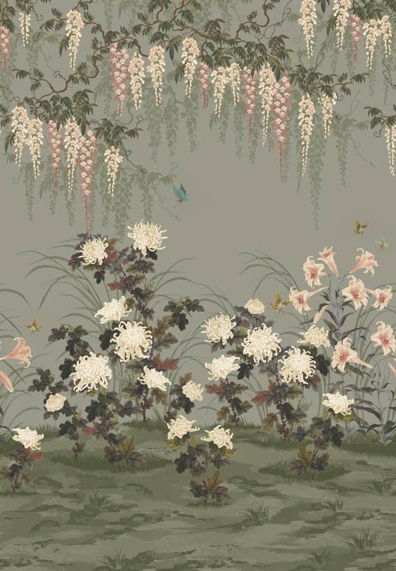Wisteria Bloom (Wp) # 04 Dark Sage by 1838 Wallcoverings Designer Wallpaper V&A Decorative Papers Iii STRAIGHT PASTE THE WALL UNITED KINGDOM V-118" H-82" 20.5"X13.7YD - Swanky Fabrics -
