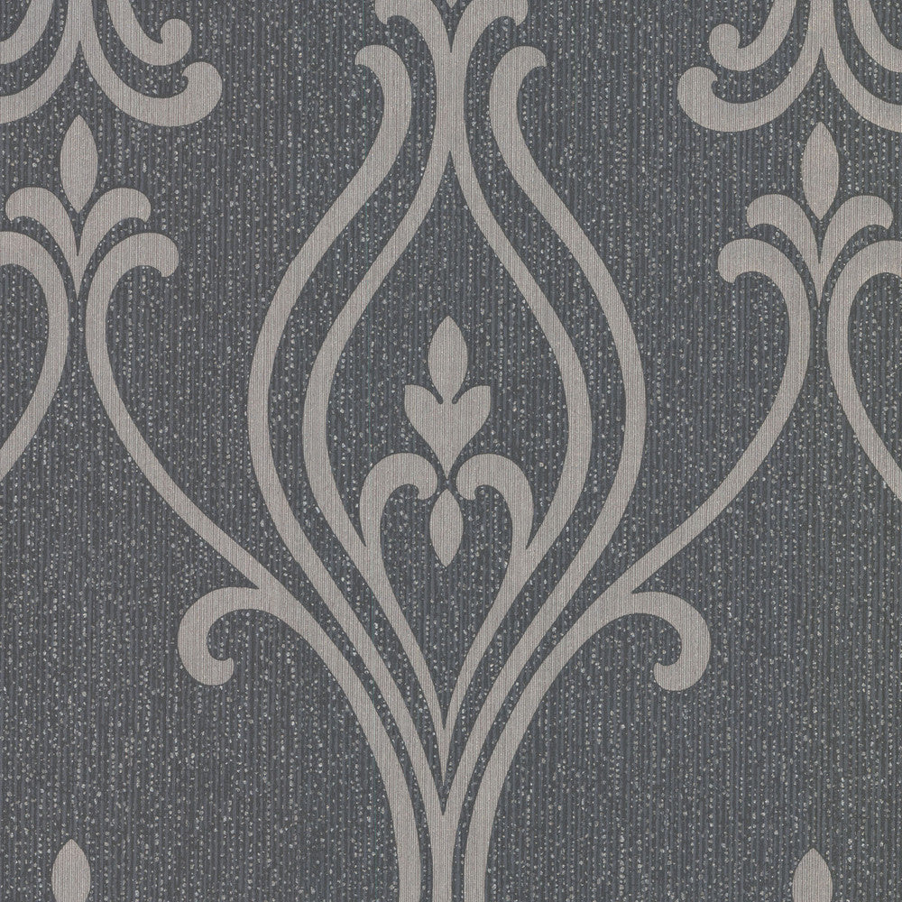 Luca Charcoal Damask Wallpaper by Decorline Prism Covers about 56.4 square feet 20.5-in by 33-ft long roll Unpasted 25.2 - Fabric Carolina -