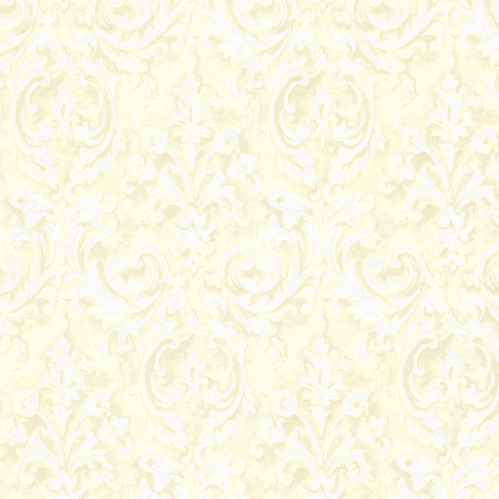 Aurora Yellow Damask Wallpaper by Beacon House Rosemore Covers about 56.4 square feet 20.5-in by 33-ft long roll Unpasted 20.9 - Fabric Carolina -