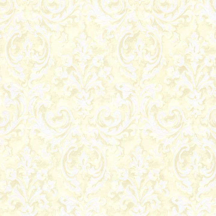 Aurora Yellow Damask Wallpaper by Beacon House Rosemore Covers about 56.4 square feet 20.5-in by 33-ft long roll Unpasted 20.9 - Fabric Carolina -