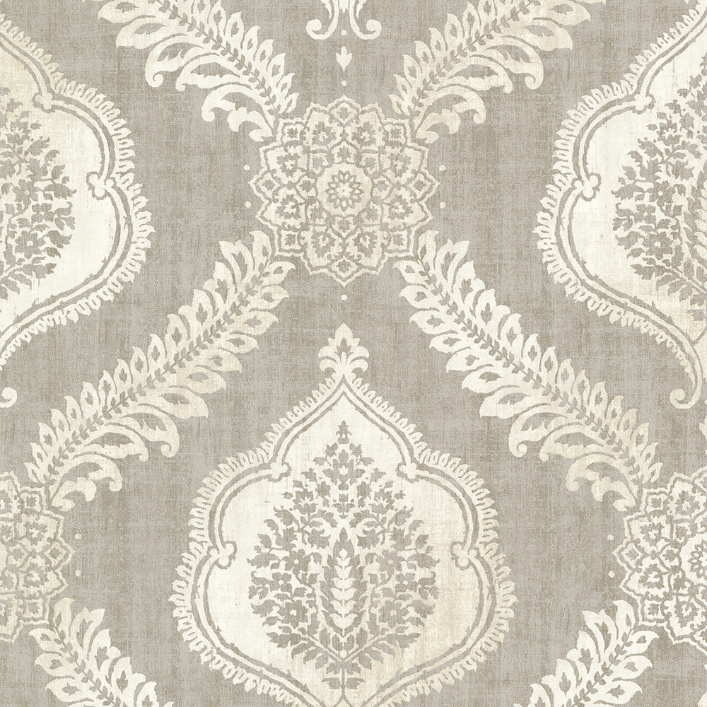 Zoraya Taupe Damask Wallpaper by Kenneth James Alhambra Covers about 56.4 square feet 20.5-in by 33-ft long roll Unpasted 21.9 - Fabric Carolina -