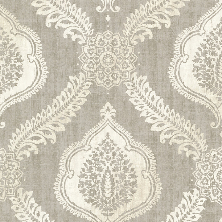 Zoraya Taupe Damask Wallpaper by Kenneth James Alhambra Covers about 56.4 square feet 20.5-in by 33-ft long roll Unpasted 21.9 - Fabric Carolina -