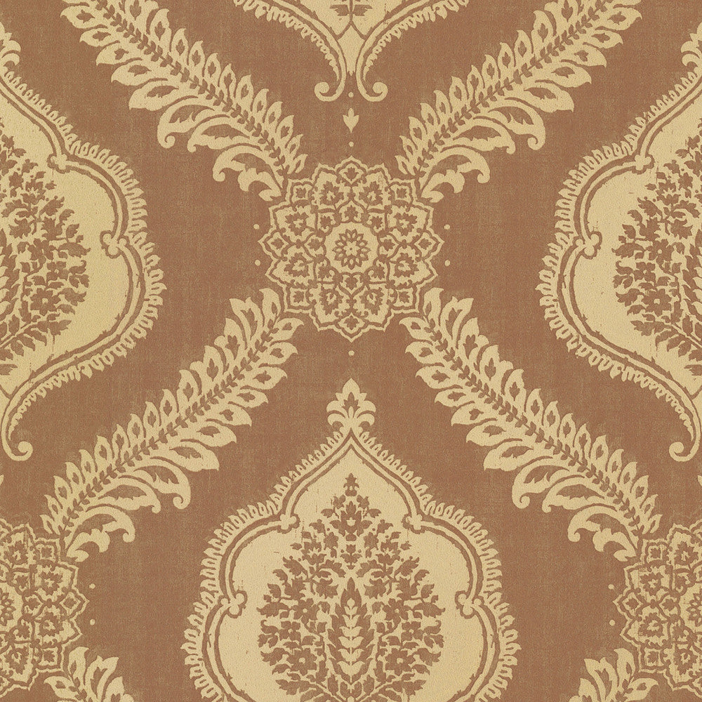 Zoraya Copper Damask Wallpaper by Kenneth James Alhambra Covers about 56.4 square feet 20.5-in by 33-ft long roll Unpasted 21.9 - Fabric Carolina -
