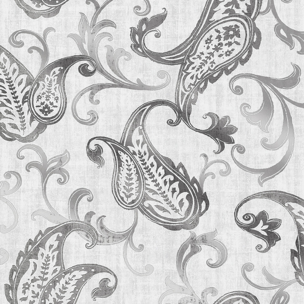 Darro Silver Global Paisley Wallpaper by Kenneth James Alhambra Covers about 56.4 square feet 20.5-in by 33-ft long roll Unpasted 21.9 - Fabric Carolina -