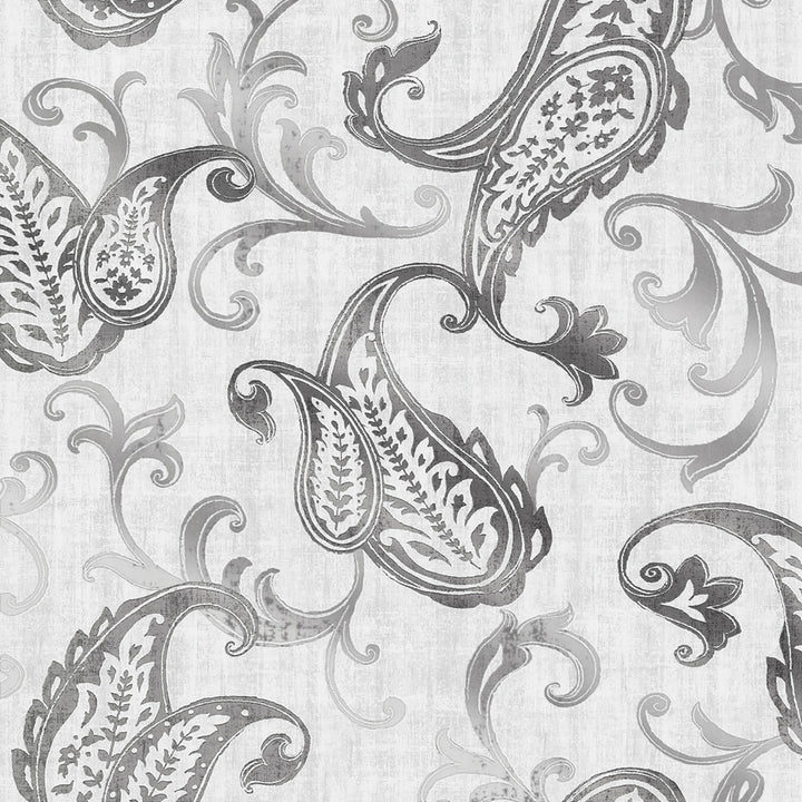 Darro Silver Global Paisley Wallpaper by Kenneth James Alhambra Covers about 56.4 square feet 20.5-in by 33-ft long roll Unpasted 21.9 - Fabric Carolina -
