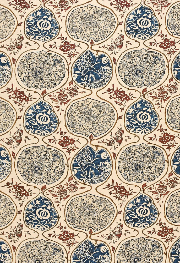 Katsugi Indigo & Cinnabar 2620931 by Schumacher Fabric Exuberant-Prints 55% Linen, 45% Cotton - Horizontal: 27 and Vertical: 25 54 - Fabric Carolina -