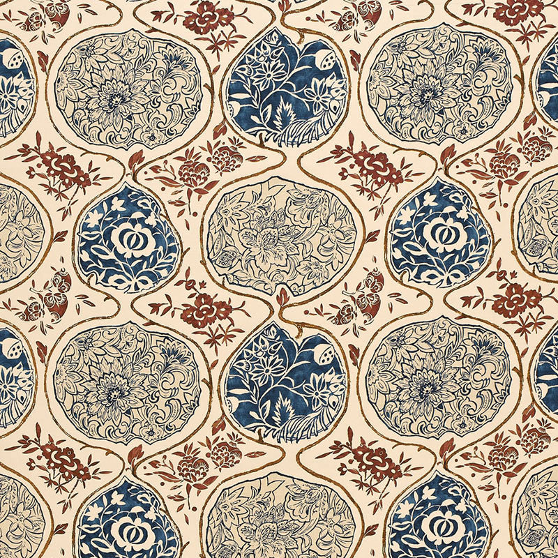 Katsugi Indigo & Cinnabar 2620931 by Schumacher Designer Fabric DW-SPRING 2003 COLLECTION See Sample BELGIUM - </p><p>Repeat: Horizontal: 27" (69CM) and Vertical: 25" (64CM) 54" WIDE (137CM) - Swanky Fabrics -
