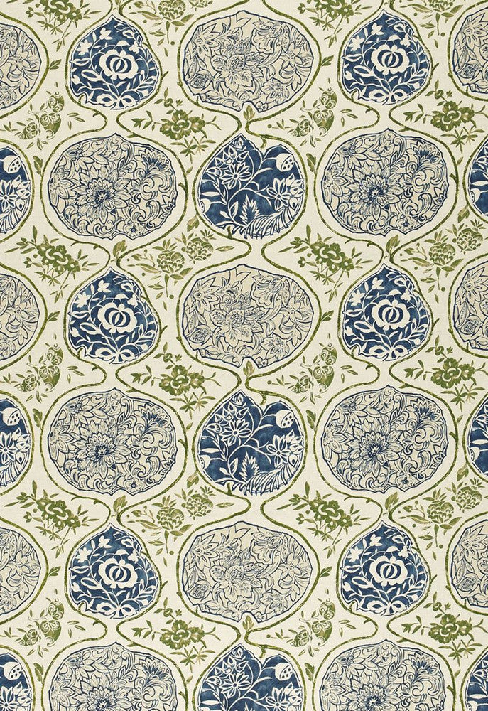 Katsugi Indigo & Green 2620932 by Schumacher Fabric Exuberant-Prints 55% Linen, 45% Cotton - Horizontal: 27 and Vertical: 25 54 - Fabric Carolina -