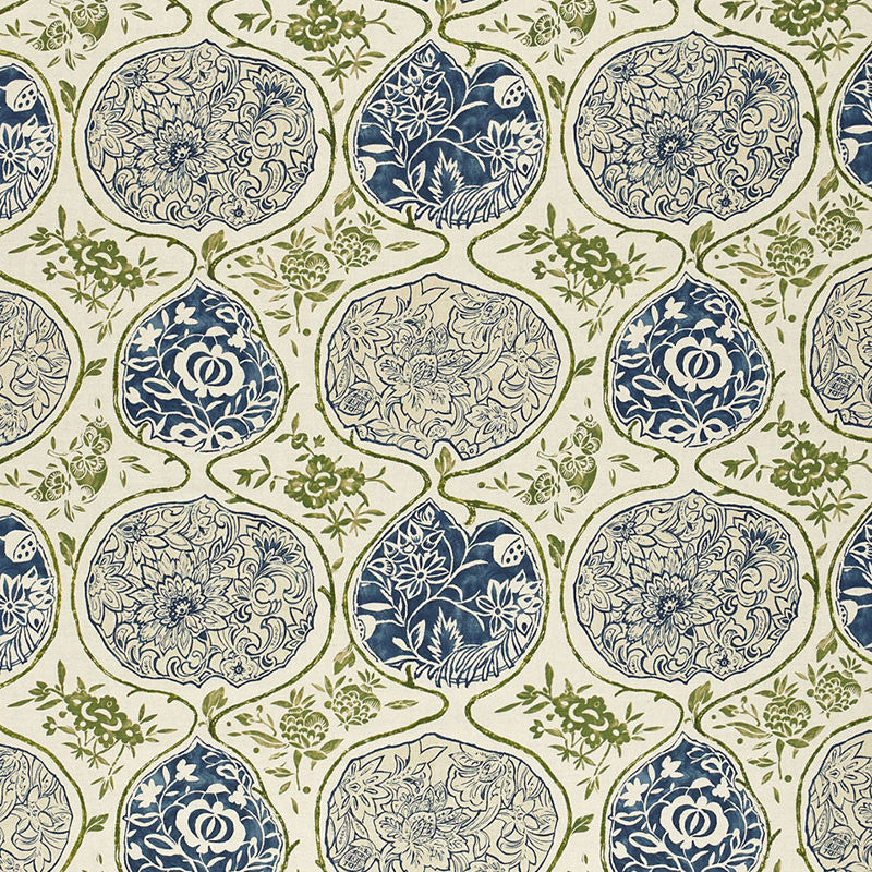 Katsugi Indigo & Green 2620932 by Schumacher Designer Fabric DW-SPRING 2003 COLLECTION LINEN 55% COTTON 45% BELGIUM </p><p>Repeat: Horizontal: 27" (69CM) and Vertical: 25" (64CM) 54 - Swanky Fabrics -
