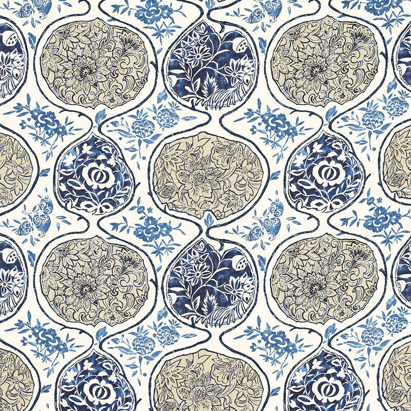 Katsugi Blues 2620933 by Schumacher Designer Fabric PRINT HAPPY LINEN 55% COTTON 45% BELGIUM </p><p>Repeat: Horizontal: 27" (69CM) and Vertical: 25" (64CM) 54 - Swanky Fabrics -
