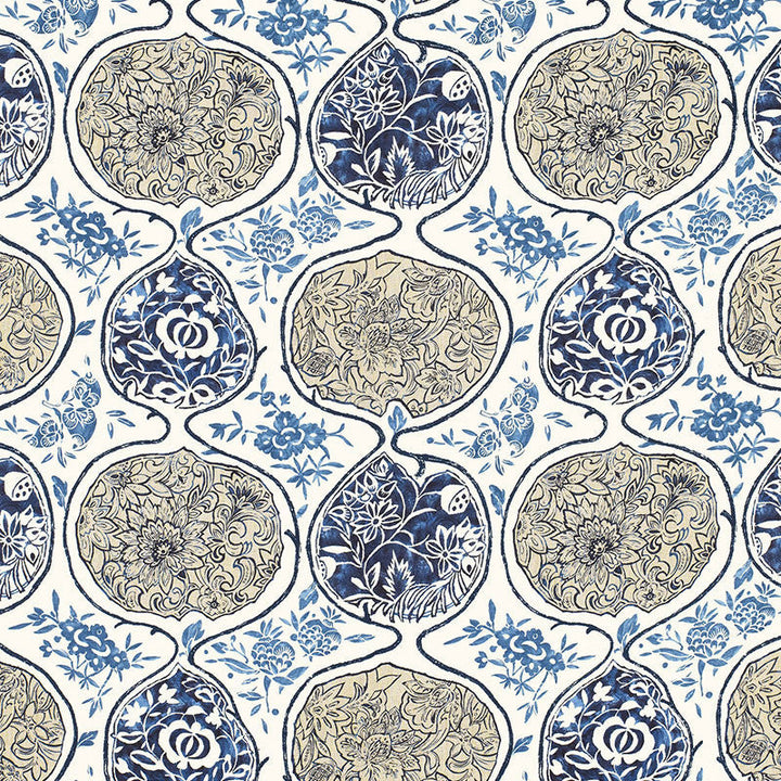 Katsugi Blues 2620933 by Schumacher Designer Fabric PRINT HAPPY LINEN 55% COTTON 45% BELGIUM </p><p>Repeat: Horizontal: 27" (69CM) and Vertical: 25" (64CM) 54 - Swanky Fabrics -