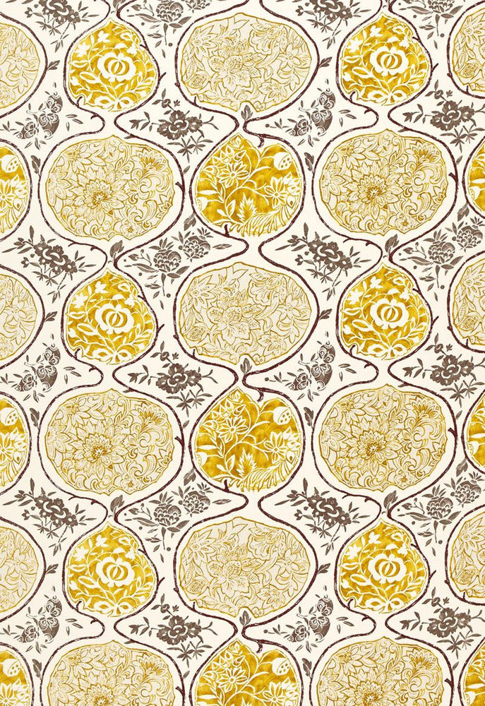 Katsugi Gold and Mushroom 2620934 by Schumacher Fabric Exuberant-Prints 55% Linen, 45% Cotton - Horizontal: 27 and Vertical: 25 54 - Fabric Carolina -