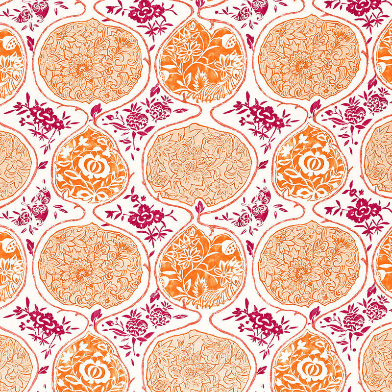 Katsugi Tangerine & Berry 2620936 by Schumacher Fabric PRINT HAPPY See Sample BELGIUM - </p><p>Repeat: Horizontal: 27" (69CM) and Vertical: 25" (64CM) 54" WIDE (137CM) - Fabric Carolina -