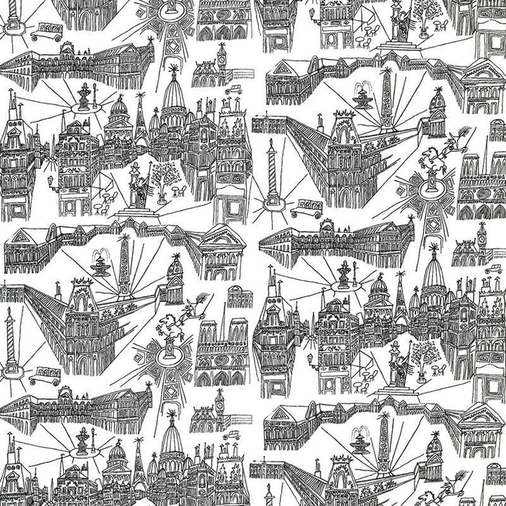 Views Of Paris Black On White 2628830 by Schumacher Designer Fabric - See Sample PAKISTAN TO BE DETERMINED </p><p>Repeat: Horizontal: 54 1/4" (138CM) and Vertical: 36 3/8" (92CM) 54" WIDE (137CM) - Swanky Fabrics -
