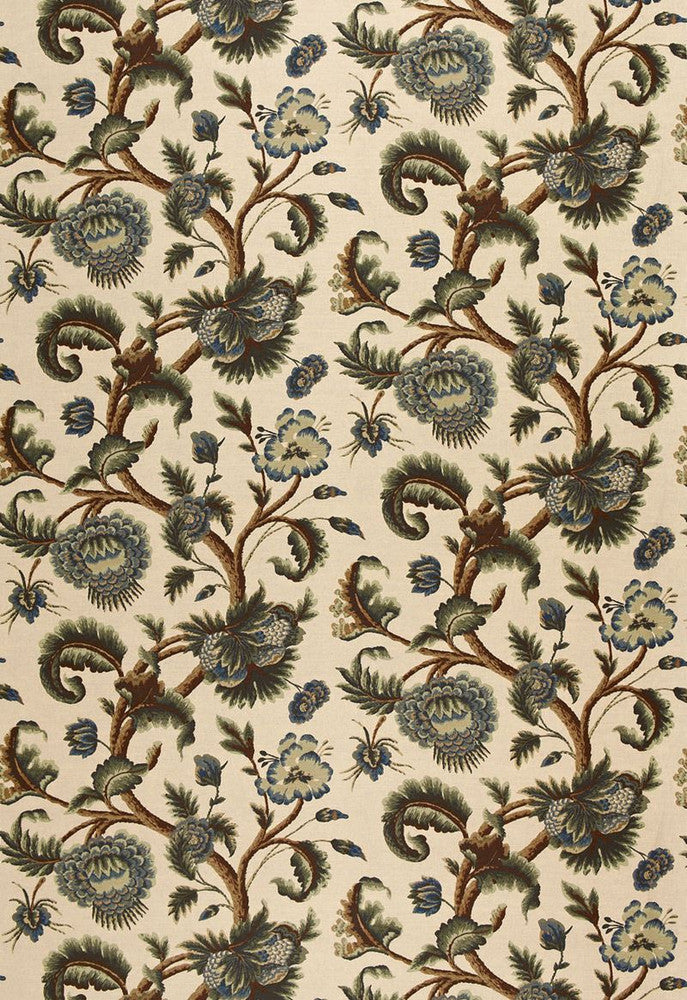 Jacobean Printed Crewel Multi Blues Wood Tones 2639314 by Schumacher Fabric Classic-Prints 54% Linen, 46% Cotton Wyzenbeek 25,000 Horizontal: 28 and Vertical: 25.25 56 - Fabric Carolina -