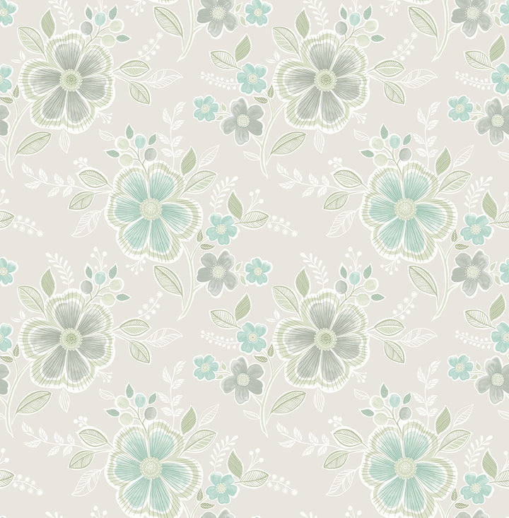 Chloe Aquamarine Floral Wallpaper by A-Street Prints Ami Covers about 56.4 square feet 20.5-in by 33-ft long roll Unpasted 10.4 - Fabric Carolina -