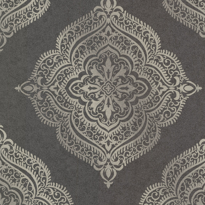 Capella Charcoal Medallion Wallpaper by Decorline Avalon Covers about 56.4 square feet 20.5-in by 33-ft long roll Unpasted 25 - Fabric Carolina -