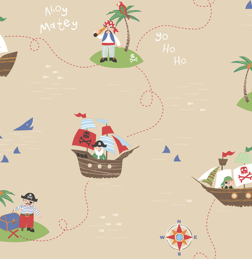 Sand Funny Pirates Wallpaper by Brewster You Are My Sunshine Covers about 56.4 square feet 20.5-in by 33-ft long roll Unpasted 21 - Fabric Carolina -