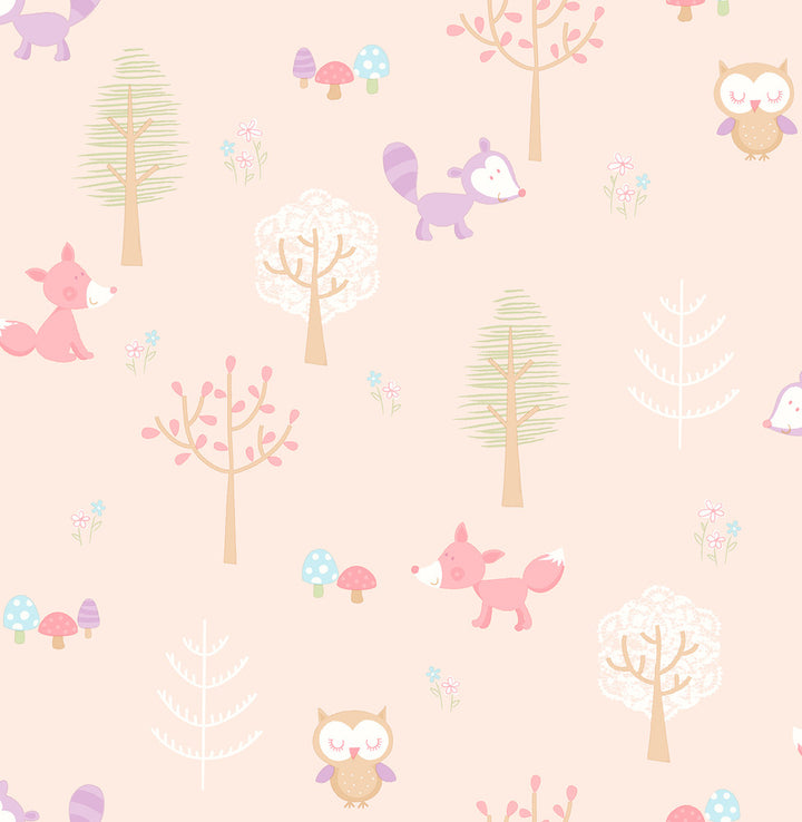 Forest Friends Pink Animal Wallpaper by Brewster You Are My Sunshine Covers about 56.4 square feet 20.5-in by 33-ft long roll Unpasted 21 - Fabric Carolina -