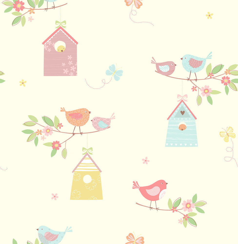 Birdhouses Turquoise Birds Wallpaper by Brewster You Are My Sunshine Covers about 56.4 square feet 20.5-in by 33-ft long roll Unpasted 21 - Fabric Carolina -
